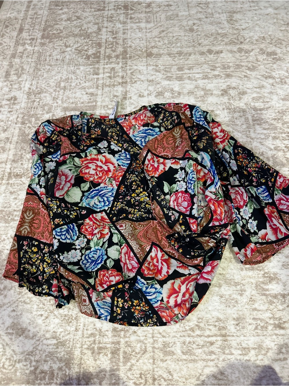 Design Lab Lord & Taylor Black Floral Patchwork Blouse